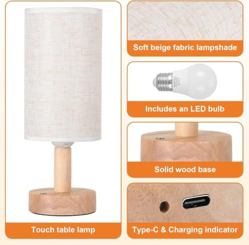 Small Cordless Touch Table Lamps Set of 2 with Stepless Dimming, Natural Wood Base & Linen Fabric Shade,Wireless Battery-Powered Ambient Night Lights for Bedroom, Bedside, Nightstand,Room, Nursery - Image 5