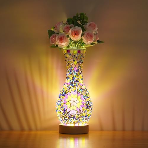 Mosaic Vase Lamp, Turkish Table Lamp with Wood Base, USB LED by JAITAIK