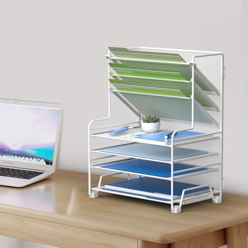 MINDEPOT 4-Tier Paper Organizer + 3-Pocket File Holder + Drawer + Pen Holders, Desktop File Organizers Paper Tray for Office Supplies School Classroom Organization (White, no Drawer & Pen Holder) - Image 6