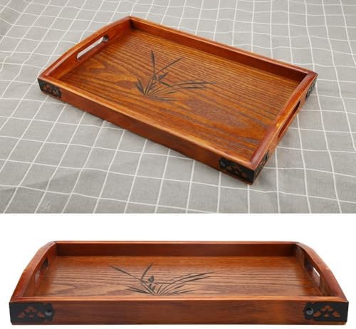 14.17x9.06 Inch Wood Serving Tray Multipurpose Desk Organizer Easy Clean Wooden Tray Rustic Handle for Coffee, Tea, and Snacks - Image 5