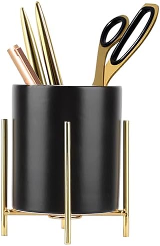 Sturdy Pen Holder Simple and elegant for Desk Matte Pencil Holder Ceramic Cute Desktop Organizer Brush Holder Cup (Black and Gold Plated) by SIEBOLD