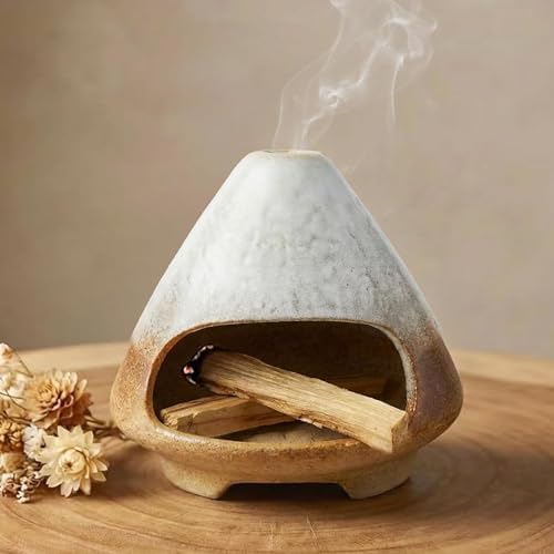 CEREMONY Palo Santo Holder -Mini Ceramic Incense Holder for Palo Santo and Sticks - White Sage Holder for Meditation Decor Ceremony Incense with Glass Gray Collector (Brown-Mount Fuji) by LifeNeedsAlittleofCeremony