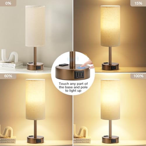 Fenmzee Brown Bedside Lamp for Bedroom, Dimmable Touch, USB A+C, AC Outlet - Image 3