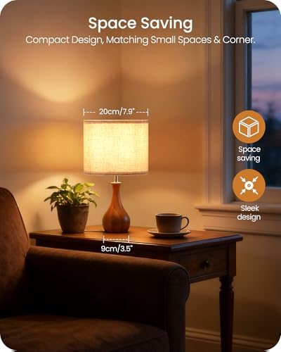 Wood Table Lamps Set of 2, Small Bedside Lamps Set of 2, Beige Linen Lampshade & Dark Pearwood Base, 14.2" Small Table Lamp, Nightstand Lamps for Bedroom, Small Space, E26 Socket, LE09TLP205 - Image 2