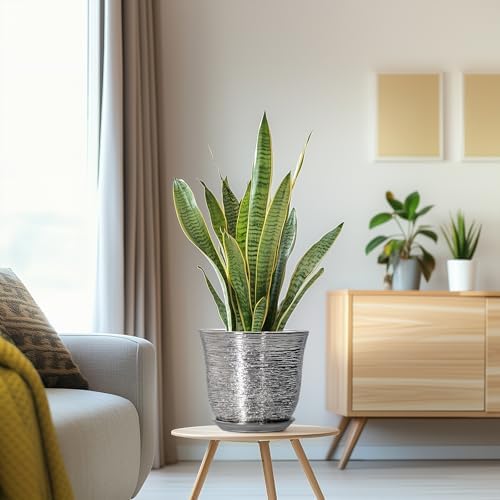 Ceramic Pots for Plants, 8 Inch Plant Pot with Drainage, Silver - Image 5
