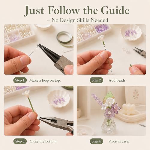 Mini Beaded Flower Bouquet Making Kit with Magnetic Vases - Refrigerator Magnet Craft Kit with 7 Color-Themed Floral Designs & Full Jewelry-Making Tools, Perfect for Home Decor & Stress Relief - Image 5