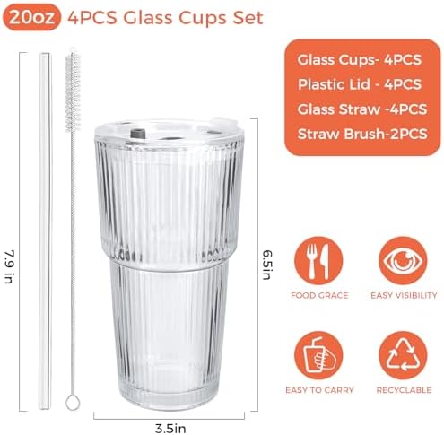 4PCS 20oz Glass Cups with Lids and Straws, Iced Coffee Cups with Lids, Stylish Ribbed Thick Drinking Glasses Tumbler for Juice, Smoothies, Cold Beverages, Cute Cup Gifts with Clean Brush - Image 3