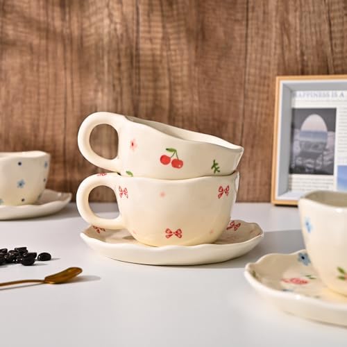 Koythin 8.5oz Handmade Ceramic Mug With Saucer, Blue Flower Latte Cocoa Cup - Image 6