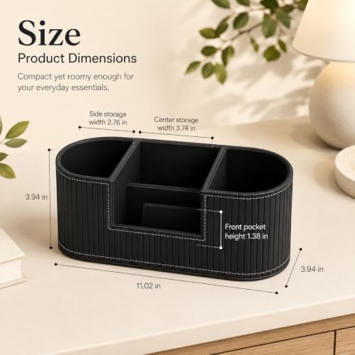 KINGFOM Modern Leather Desk Organizer for Men & Women, Aesthetic Office Desk Accessories Organizer, Faux Leather Vanity Organizer for Pens, Makeup Brushes, Remote Controls, Black Minimalist Desk Decor - Image 2