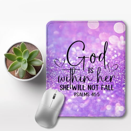Purple Glitter Christian Mouse Pad, God is Within Her She Will Not Fall Bible Verse Mouse Pads for Wireless Mouse Computers Laptop Desk Accessories, Christian Gifts for Women, 9.5x7.9 Inch - Image 3