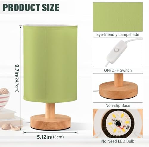DOMIKING Soft Greens Pattern Bedside Table Lamp for Bedroom Small Lamps for Nightstand Lamp with Round Fabric Shade Night Light Lamps for Living Room Nursery Home Office Dorm - Image 3