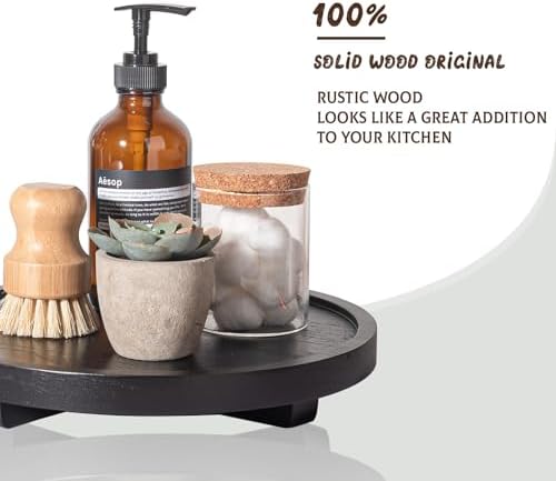 Round Decorative Tray Wood Bathroom Counter Organizer Farmhouse Kitchen Decor Wooden Riser for Soap Dish, Perfume, Candle, Sponge, 10" - Black - Image 4