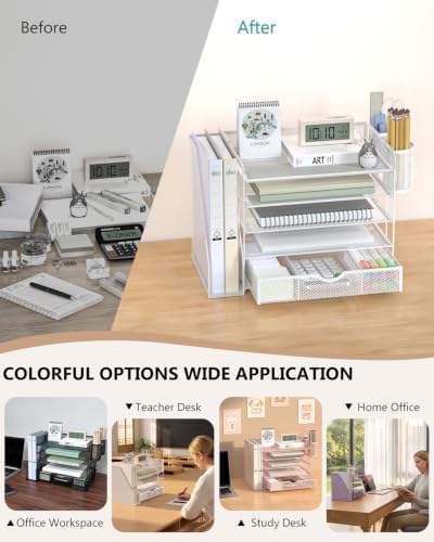 WALI Desk File Organizer, 5 Tier Desktop Paper Letter Tray Organizer with Drawer and 2 Pen Holders, Office Desk Accessories & Workspace Organizers for Office, Home Supplies(DO006DH-W), 1 Pack, White - Image 6