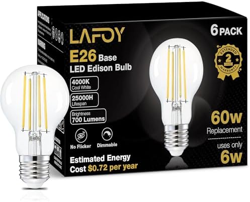 A19 Neutral White Edison Bulbs, Dimmable E26 LED 60 Watt Equivalent 6 Pack by Lafoy
