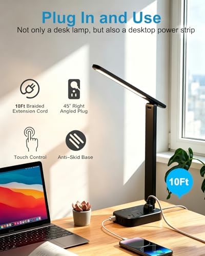 LED Desk Lamp, 10Ft Power Strip with 3 Outlets 4 USB Ports(2 USB C), Black - Image 5