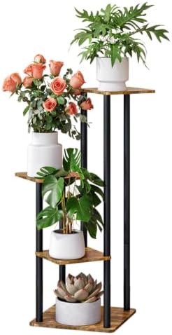 AZERPIAN Plant Stand 5 Tier Indoor Metal Flower Shelf for Multiple Plants Corner Tall Flower Holders for Patio Garden Living Room Balcony Bedroom, Black (Small 4 Tier+Black Rustic Brown) by AZERPIAN