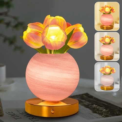 Tulip Table Lamp, Rechargeable Cordless Touch Dimming Artificial Tulip Flower Desk Lamp, LED Flower Bedside Night Light Romantic Gifts for Girl Women Mom (Pink Tulip) by Strackvial