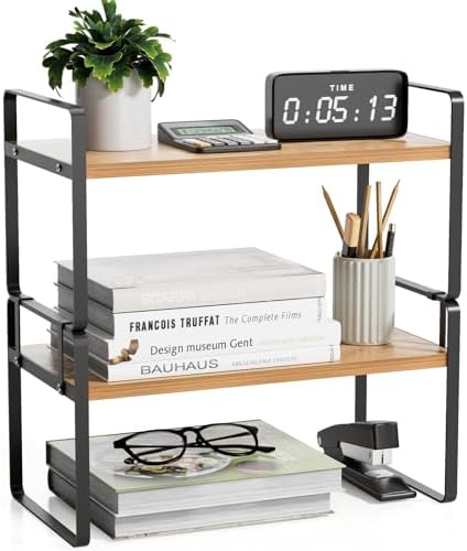 YGYQZ Desk Shelf Organizer, 2-Tier Desktop Bookshelf, Black & Wood by YGYQZ
