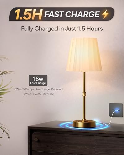 EppieBasic Cordless Table Lamp Rechargeable: Fast Charging & Long Lasting - 2700K Warm Light Small Vintage Gold Lamps -Bedside Dinning Living Room Bedroom - Pleated Shade - Image 4