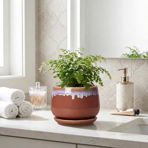 Ceramic Plant Pot - 6 Inch Planters for Indoor Plants, Round Ceramic Planter with Drainage Hole and Saucer, Decorative Small Plant Pots, Room Bookshelf Decor, Red-Purple - Image 7