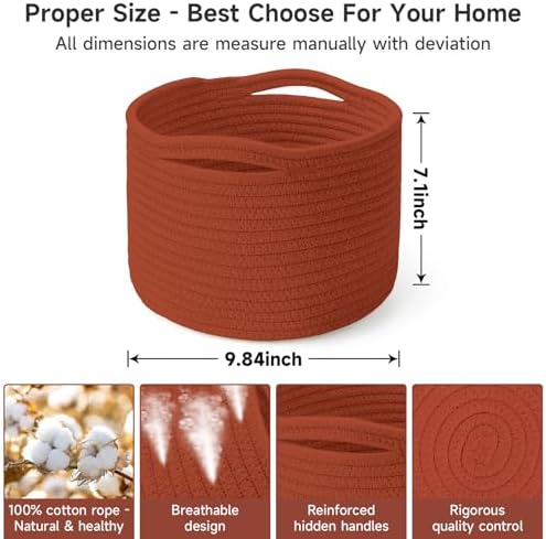 3 Pack Small Rope Storage Baskets, 9.82×9.82×7.1", Brick Red - Image 2