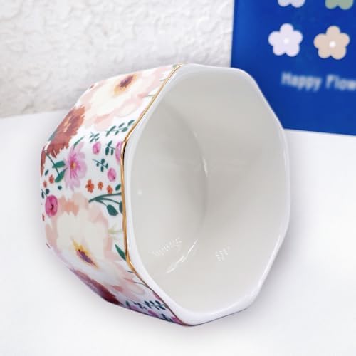 Ceramic Paper Clip Holder Gold Line Paper Clip Dispenser Organizer for Desk Cute Floral Pattern Office Binder Clip Holder Bobby Pin and Hair Clip Holder Gift for Office (White Pink) - Image 4