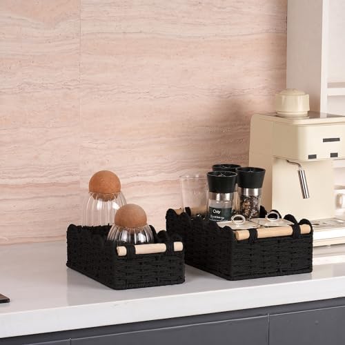 iEGrow Paper Rope Small Storage Baskets for Organizing, Set of 2 Scalloped Edge Wicker Basket with Wooden Handles Toilet Paper Basket for Over Toilet Storage Shelf, Home Decor, Living Room (Black) - Image 5