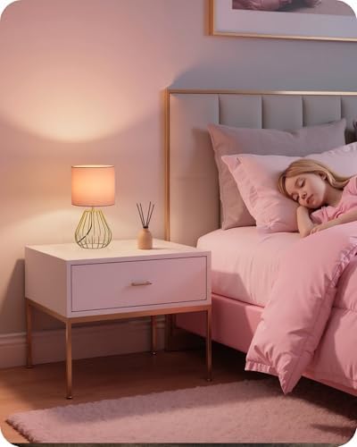 Pink and Gold Table Lamp, Small Bedside Lamp with Metal Base & Pink Linen Lampshade, Modern Nightstand Lamp, Little Cute Desk Lamp for Girl Kid's Room, 2700K LED Bulb Included, DP06TL05 - Image 2