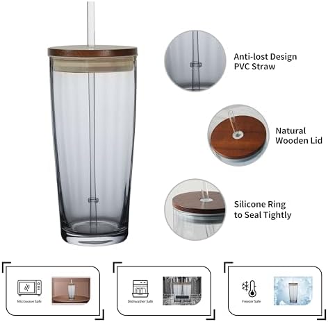 NIRA.Z Glass Tumbler with Lid and Straw 20oz, Aesthetic Ribbed Drinking Glass Cup, Gray Iced Coffee Cup with Wooden Lid, Reusable Straw Glass - Image 5