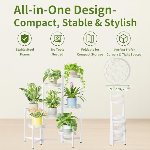 7 Tier Plant Stand Indoor Outdoor, Corner Tiered Plant Stands, Planter Display Rack for Multiple Plants, Wrought Iron Flower Stand, Folding Tall Plant Rack Shelf for House Patio Garden - WhiteWave - Image 5