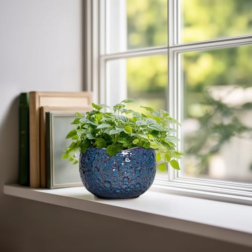 6 Inch Plant Pot, Ceramic Pots for Plants, Retro Blue - Image 3