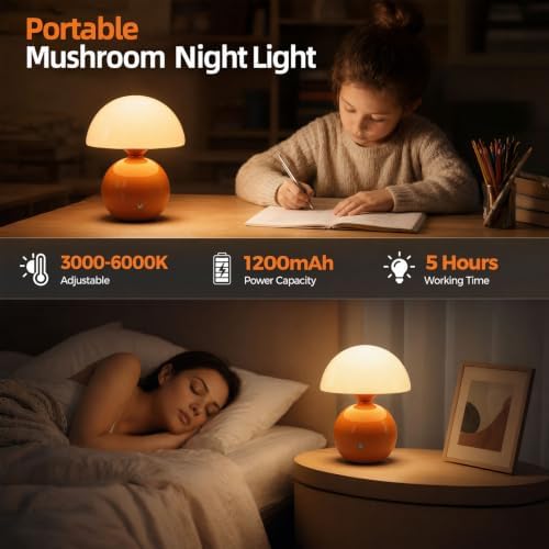 Senzoy Glass/Ceramic Mushroom Table Lamp, Orange Bedside Night Lamp - Image 2