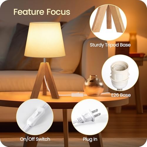 Wood Bedside Lamps Set of 2, Small Tripod Table Lamp, Modern Nightstand Lamp with Fabric Shade, Boho Bedside Wood Desk Lamp for Bedroom, Kids Room, Living Room, Study, White W51TLP205 - Image 4