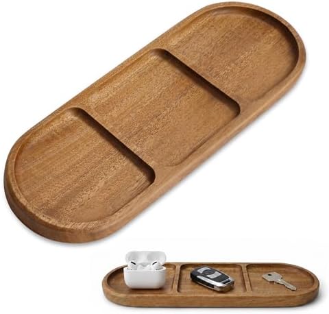 Small Wooden Tray | Acacia Wood Tray for Vanity, Bathroom Counter, Coffee Table & Toilet | Perfect for Jewelry, Key & Catch All | Mini Charcuterie Board Serving Platter (Oval 3-Compartment) by Unknown