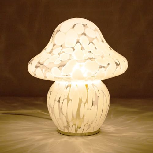 HEQET Mushroom Lamp Glass Mushroom Table Lamp for Bedrooms, Living Room, Aesthetic Lamps for Bedroom, Cute Bedside Lamp（White Dot） by HEQET
