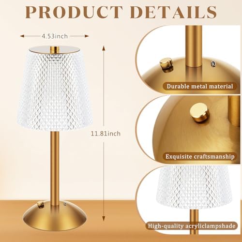 Liliful 2 Pcs Cordless Table Lamp LED Touch, Gold, Crystal Cut Style - Image 2