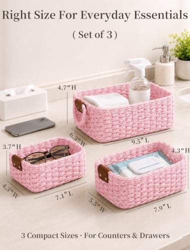 Small Wicker Baskets, 3 PCS Paper Rope Baskets for Shelves, Pink - Image 2
