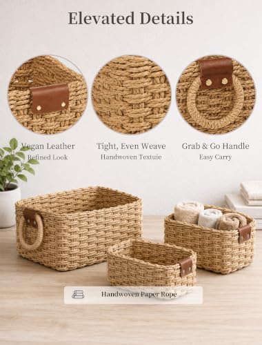 Small Wicker Baskets, 3 PCS Paper Rope Baskets for Shelves, Brown - Image 4