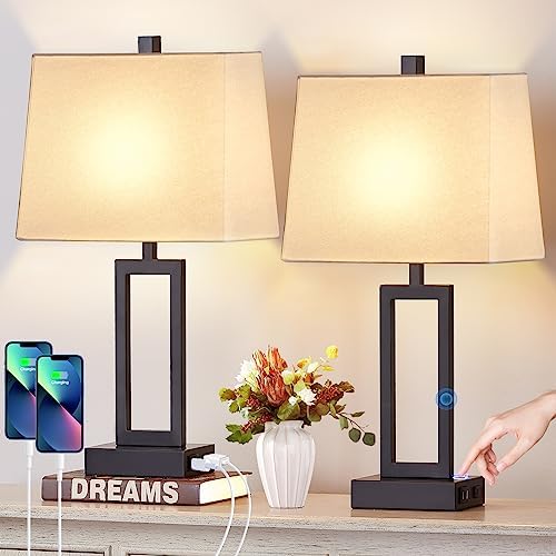 23.5" Touch Control Table Lamps Set of 2, Bedside Lamp with 2 USB Ports & AC Outlet, 3-Way Dimmable Nightstand Lamp with White Linen Shade for Living Room Bedroom End Table Office(2 LED Bulb Included) by Lolikit