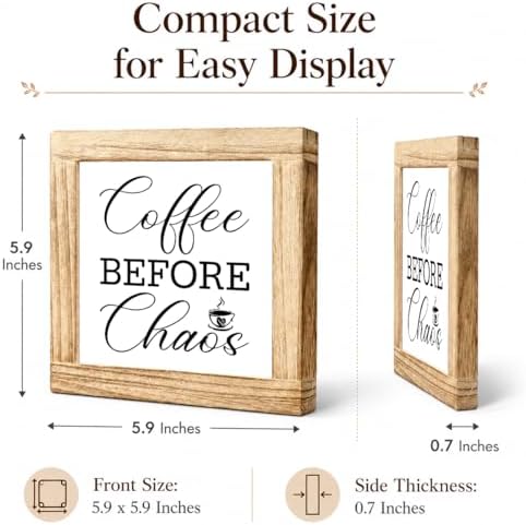Coffee Before Chaos Wooden Sign, Funny Morning Coffee Plaque, Rustic Kitchen Counter Accent, Farmhouse Shelf Display For Office Desk Pantry Breakfast Bar Coffees Nook, 5.9 x 5.9 in - Image 2