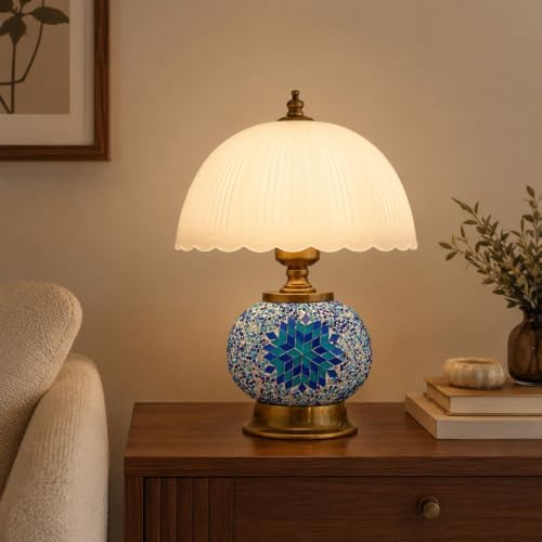Boho Blue Mosaic Small Table Lamp with White Glass Shade - Image 7