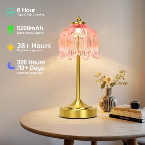 Cordless Table Lamp, Rechargeable Pink Glass Lotus Flower Lamp - Image 4