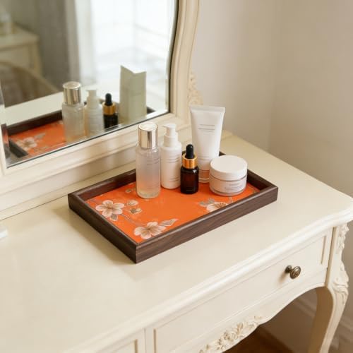 Wooden Valet Tray with Floral Base, Orange Vintage Blossoms - Image 4