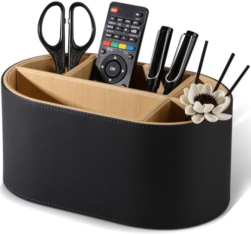 KINGFOM PU Leather Desk Organizer with Multi Compartments, Desktop Caddy Holder for Remote Controls, Pens, Makeup Brushes, Office Accessories (Black) by KingfomLeatherHomeOfficeDecor