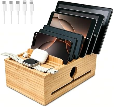 Bamboo Charging Station Organizer for Multiple Devices with 5 Cables by Unknown
