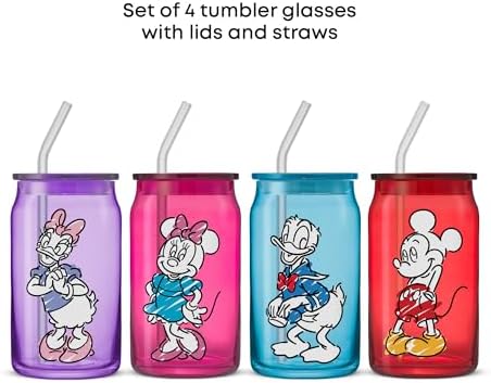 JoyJolt Disney Mickey Mouse and Friends Color Sketch Glass Tumblers with Lids and Straws, 16oz Glass Cups with Lids and Straws, Can Shaped Drinking Glasses Set of 4, Disney Gifts for Adults - Image 2