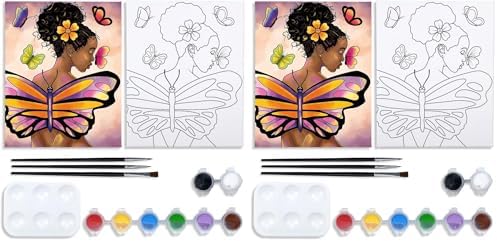 VOCHIC Painting Kit Pre Drawn Canvas for Painting for Adult Party Kits Paint and Sip Supplies 8x10 in Canvas Butterfly Girl 8 Acrylic Colors,3 Brush,1 Pallet Paint Art Set (Pack of 2) by VOCHIC