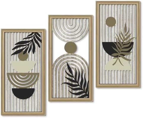 Putuo Decor Boho Abstract Wall Art, Set of 3, Modern Geometric Botanical Wooden Wall Decor, Mid-Century Minimalist Framed Artwork, Neutral Toned Aesthetic Prints, for Living Room, Bedroom, Office by PUTUODECOR