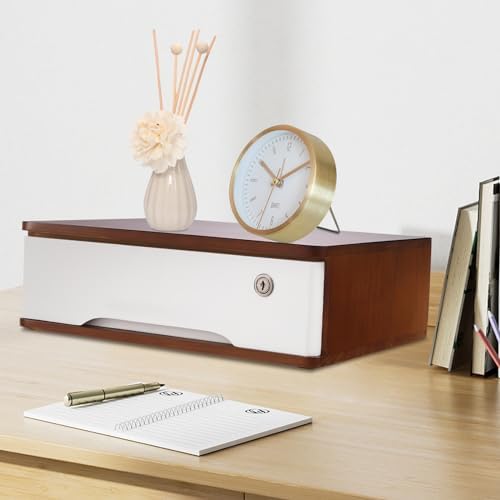 Wooden Desktop Storage Box with Lockable Drawers, Flat File Cabinet Drawer Desktop Storage Box, Countertop Storage Cabinet for Office Home Toiletries Supplies Vanity (walnut+white, 1 Drawer) - Image 2