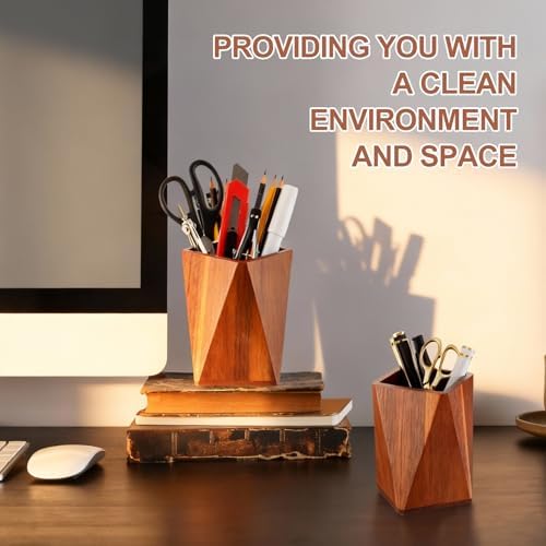 Henoyso 2 Pcs Acacia Wood Geometric Pen Holder Pencil Cup Office Desk - Image 5